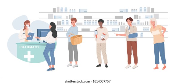 Costumers standing in line in pharmacy and buying drugs vector flat illustration. Pharmacist in medical robe and protective face mask standing at the counter and selling drugs to ill people.