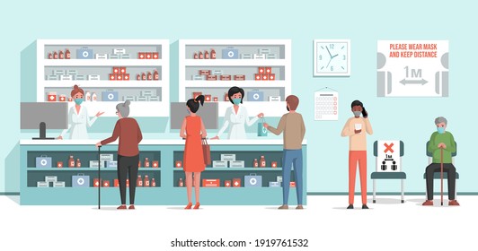 Costumers standing in line in pharmacy and buying pills vector flat illustration. Pharmacists in medical coats and protective face masks standing at the counter and selling drugs to ill people.