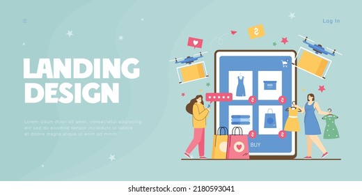 Costumers using digital gadgets for online shopping on sales. Professional drones delivering parcels from internet stores to female users flat vector illustration. Delivery, ecommerce concept