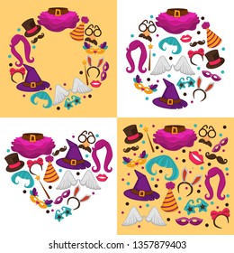 Costumes carnival or halloween clothing and garments festive decor vector tall hat and skirt cone hat and star glasses angel wings witch headdress bow and mustache eyeglasses and wigs rabbit ears