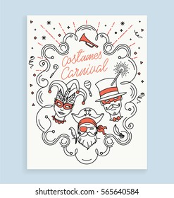 COSTUMES CARNIVAL INVITATION CARD DESIGN. Iconic thin line art style. Editable vector illustration file.