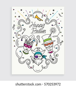 COSTUMES CARNIVAL INVITATION CARD DESIGN. Purim holiday card. Iconic thin line art style. Editable vector illustration file.
