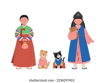 Costumes for children of Joseon, the old nation of Korea. hand drawn vector illustration.