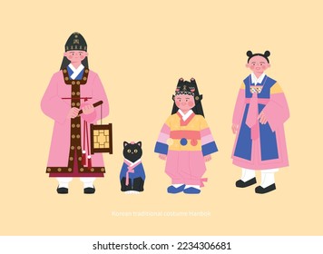 Costumes of the Joseon Dynasty. Cute children wearing various hanbok. hand drawn vector illustration.