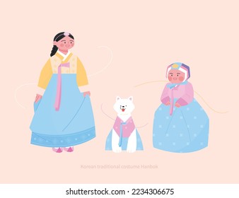 Costumes of the Joseon Dynasty. Cute girls with ornaments on their heads and a dog wearing hanbok. hand drawn vector illustration.