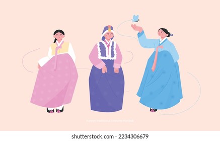 Costumes of the Joseon Dynasty. Various styles of women's hanbok. hand drawn vector illustration.