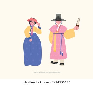 Costumes of the Joseon Dynasty. A woman in a low class hat and an noble man. hand drawn vector illustration.