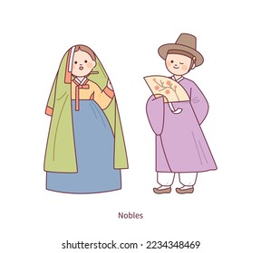 Disfraces de Joseon, un viejo país en Corea. Personajes masculinos y femeninos de condición aristocrática. ilustración simple del vector de esquema.