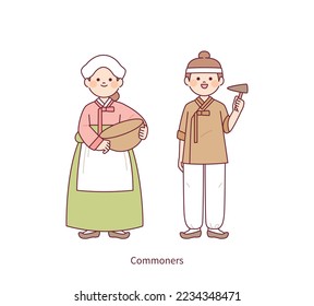 Disfraces de Joseon, un viejo país en Corea. Personajes femeninos y masculinos comunes. ilustración simple del vector de esquema.