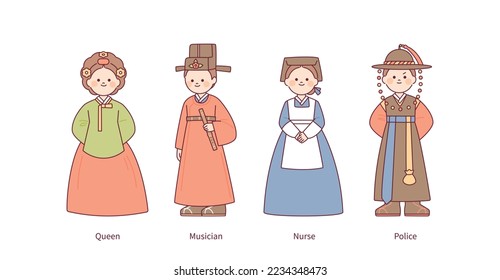 Costumes of Joseon, an old country in Korea. Queens, musicians, nurses, policemen. outline simple vector illustration.