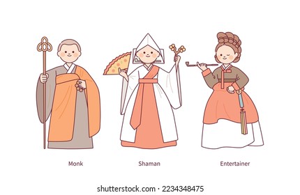 Costumes of Joseon, an old country in Korea. A monk, a shrine maiden, and an entertainer character. outline simple vector illustration.