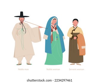 Costumes of noble men and women and servants of the old nation of Korea, Joseon. hand drawn vector illustration.