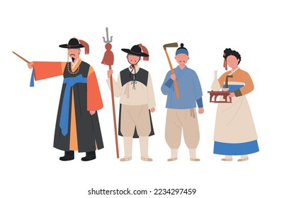 Costumes of the old nation of Korea, Joseon. cops and farmers and pub owners.  hand drawn vector illustration.