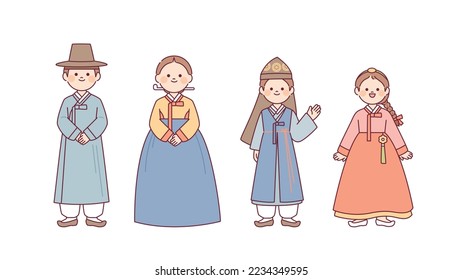 Costumes of the old nation of Korea, Joseon. Hanbok for men and women and Hanbok for children. outline simple vector illustration.