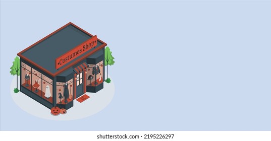 Costumes Shop store in vector. Window shopping with small black dress and hat. Hand drawn vector illustration of costume shop building of city landscape. Festival a very colorful costume. illustration