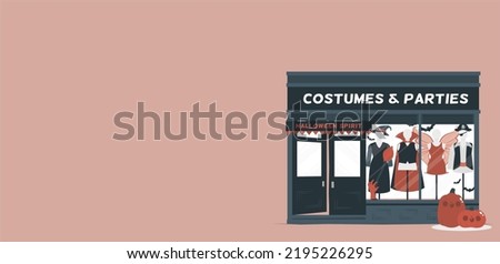 Costumes Shop store in vector. Window shopping with small black dress and hat. Hand drawn vector illustration of costume shop building of city landscape. Festival a very colorful costume. illustration