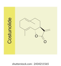 Costunolide skeletal structure diagram.Sesquiterpene compound molecule scientific illustration on yellow background.