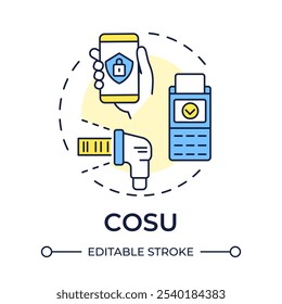 Ícone de conceito de várias cores do COSU. Dispositivos corporativos, uso único. Vendas comerciais. Tecnologia, sistema. Ilustração de linha de forma redonda. Ideia abstrata. Design gráfico. Fácil de usar no infográfico