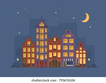 Cosy Amsterdam cityscape at night with moon and stars in the sky. Old houses with church and cafe, window and street lamps lighting. Flat coloured vector illustration.