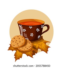 Cosy aromatic hot teacup, tasty cookies with chocolate, golden maple foliage on beige circle isolated on white background. Food and botanical vector illustration. Autumnal season still life.