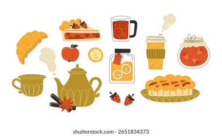 Bebidas de outono acolhedoras e conjunto de alimentos com chá tortas especiarias fruta e canela em estilo plano Ilustração sazonal para outono e Ação de Graças Design