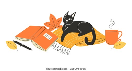 Cosy autumn flat illustration with black cat, open book, hot drink and fall leaves on yellow plaid