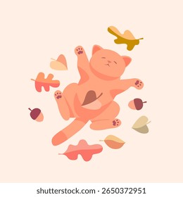 Aconchegante ilustração de outono de um gato bonito deitado em folhas amarelas. Cores quentes, pastel, clima de outono. Perfeito para adesivos, cartões de saudação, decoração de outono, ou gráficos de mídia social, impressão, artigos de papelaria
