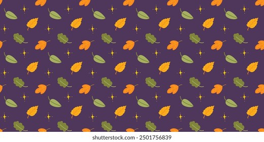 Acogedor patrón de hojas y estrellas de otoño sin fisuras con fondo púrpura. Diseño de Ilustración vectorial para estampados, Anuncios, textiles, Fondos de pantalla 