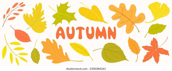 Cosy autumn leaves vector set with cute Autumn lettering. Hand drawn foliage illustration for banners, backgrounds, prints etc.