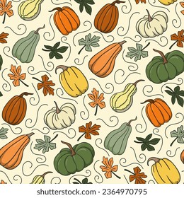 Cosy autumn pumpkins pattern on white background. Green, white, orange and brown cartoon pumpkins. Cute design for wrappin, decoration, home decor, kids textile