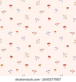 Aconchegante padrão de outono sem emenda com cogumelos e bagas em um fundo claro. Perfeito para têxteis de outono, impressões, cama, travesseiros, colchas, papel de parede