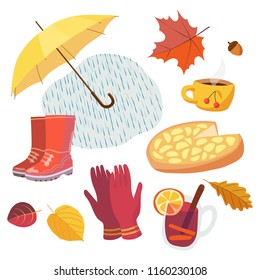 Cosy autumn set - rain, umbrella, rubber boots, colorful autumn leaves, acorn, apple pie (charlotte), tea in a cup, gloves, mulled wine. Vector  illustration isolated on white background, flat style.