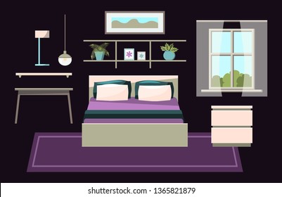 Cosy bedroom interior constructor clip art set with furniture - bed, nightstand, window with curtains, table, shelf, lamp, picture, plant, photo frame, carpet. Modern flat style vector, isolated.