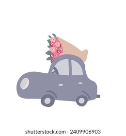 Cosy car with flowers on top flat design