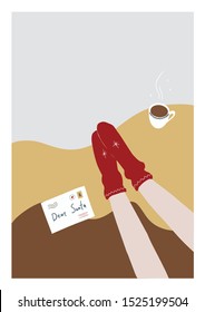 Cosy Christmas abstract print. Modern trendy illustration. Red socks, legs, letter, cup of coffee.