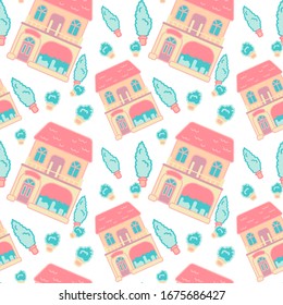 Cosy cottage on white backdrop. Arborvitae seamless pattern for wallpaper, wrap paper, bath tile, pillowcase, apparel or bed linen. Phone case or cloth print. Minimal style stock vector illustration