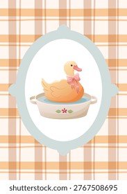 Cosy Cottagecore Print for Postcard, Poster Design, Wall Art, Scrapbooking, Interior Decor. Cute Duck Swimming in Washbasin. Country Bird with Bow in Washbowl in Hand Drawn Style. Vector Illustration.