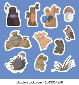 Cosy cute autumn sticker pack: leaves, mushrooms, stumps, bags, hedgehog and sparrow. Cartoon style illustration. Vector.