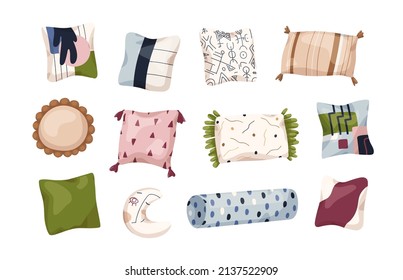 Cosy decorative cushions designs. Pillows set for interior decor, comfortable rest. Modern comfy ornamental soft pads for sofa. Colored flat graphic vector illustrations isolated on white background