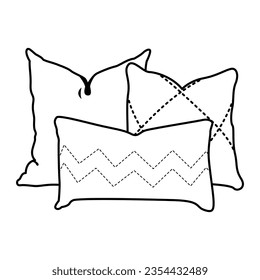 Cosy decorative cushions designs. Pillows set for interior decor comfortable rest. Modern comfy ornamental soft pads for sofa. Outline lineart graphic vector illustrations isolated on white background