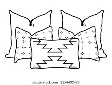 Cosy decorative cushions designs. Pillows set for interior decor comfortable rest. Modern comfy ornamental soft pads for sofa. Outline lineart graphic vector illustrations isolated on white background