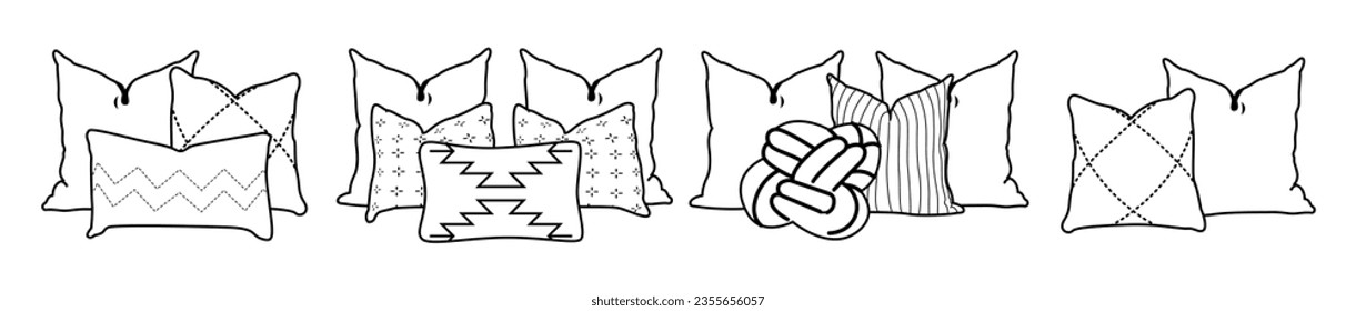 Cosy decorative cushions designs. Pillows set for interior decor comfortable rest. Modern comfy ornamental soft pads for sofa. Outline lineart graphic vector illustrations isolated on white background