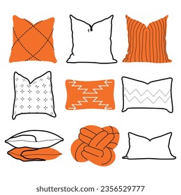 Cosy decorative cushions designs. Pillows set for interior decor comfortable rest. Modern comfy ornamental soft pads for sofa. Colored flat minimalist vector illustrations isolated on white background