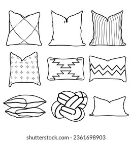 Cosy decorative cushions designs. Pillows set for interior decor comfortable rest. Modern comfy ornamental soft pads for sofa. Outline lineart graphic vector illustrations isolated on white background