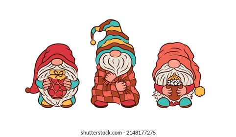 Cosy fall concept. Cute Swedish gnomes cartoon characters. Gnome holding jar of berry jam. Gmome with cup of coffee with marshmallow. Dwarf wrapped with a plaid blanket. Warm winter or autumn wishes.