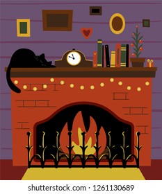 A cosy fireplace with a clock, books and a sleeping cat on a shelf