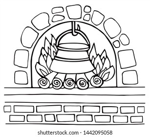 Cosy fireplase with pot, rocks, wood and bricks. Black and white vector for card or gift, for coloring.