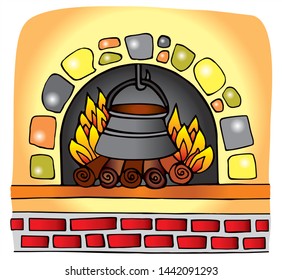 Cosy fireplase with rocks, wood and bricks. Colored vector for card or gift.
