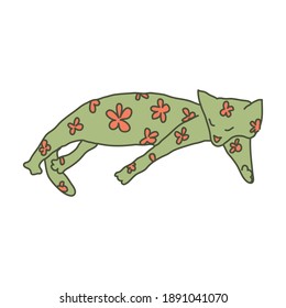 Cosy hand drawn cat with decorations. Flowers. Vector illustration. Editable lines. Colored with outlines.