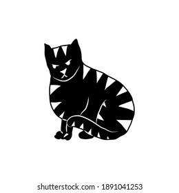 Cosy hand drawn cat with decorations. Angry. Vector illustration. Editable lines. Black and white.